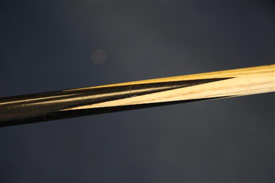 Walter Lindrum. An ash and ebonised snooker / billiards cue, 58.25in., together with a metal case
